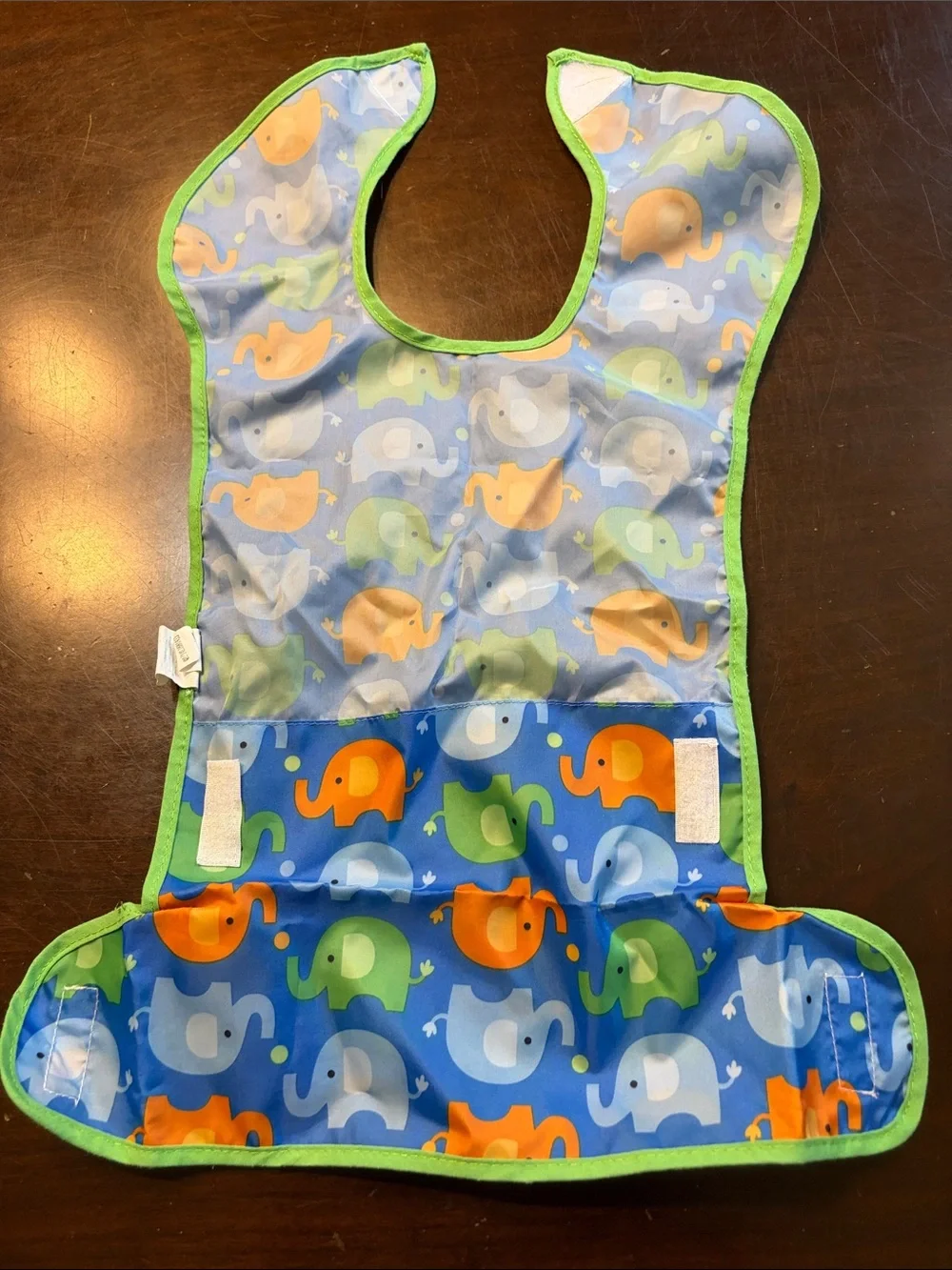Waterproof Kids Bib with Elephant Print in Blue, Green & Orange